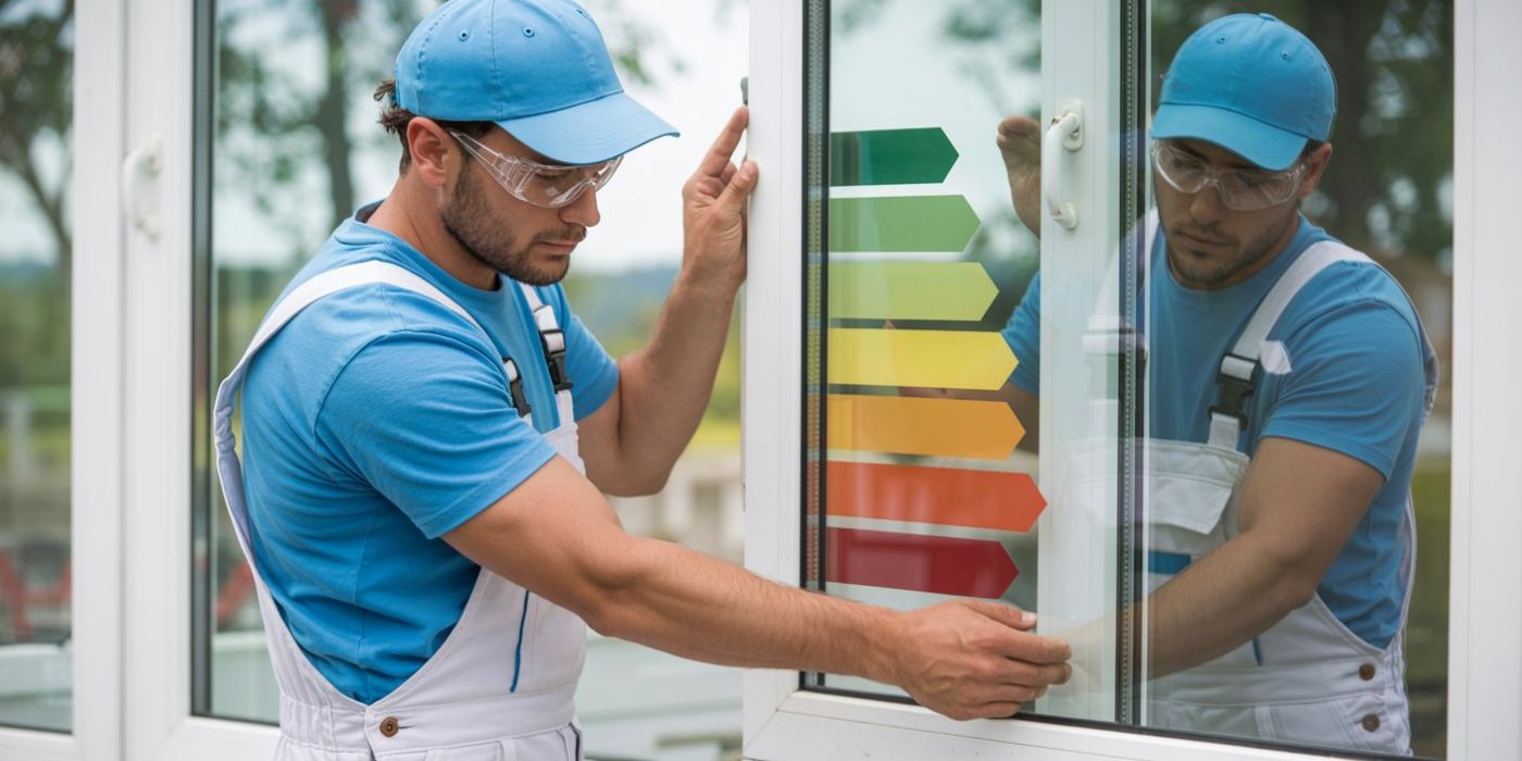 Installatore che monta un infisso bianco con vetro trasparente, simbolo visivo di pratiche ENEA per efficienza energetica e isolamento.
